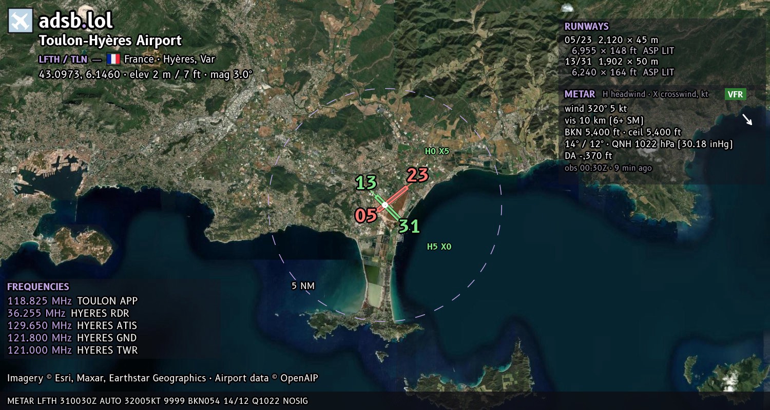 Satellite map with the runway layout of Toulon-Hyères Airport (LFTH)