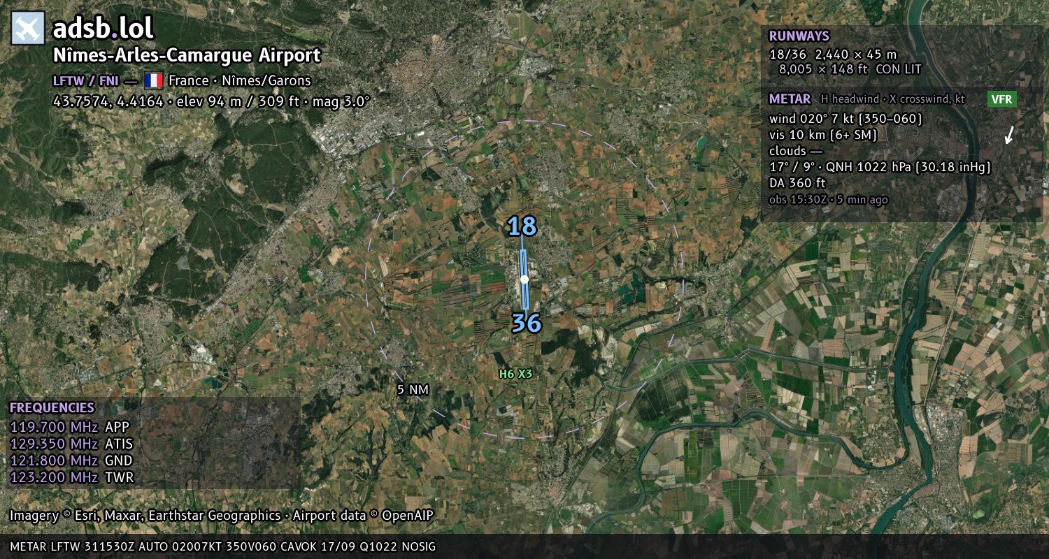 Satellite map with the runway layout of Nîmes-Arles-Camargue Airport (LFTW)