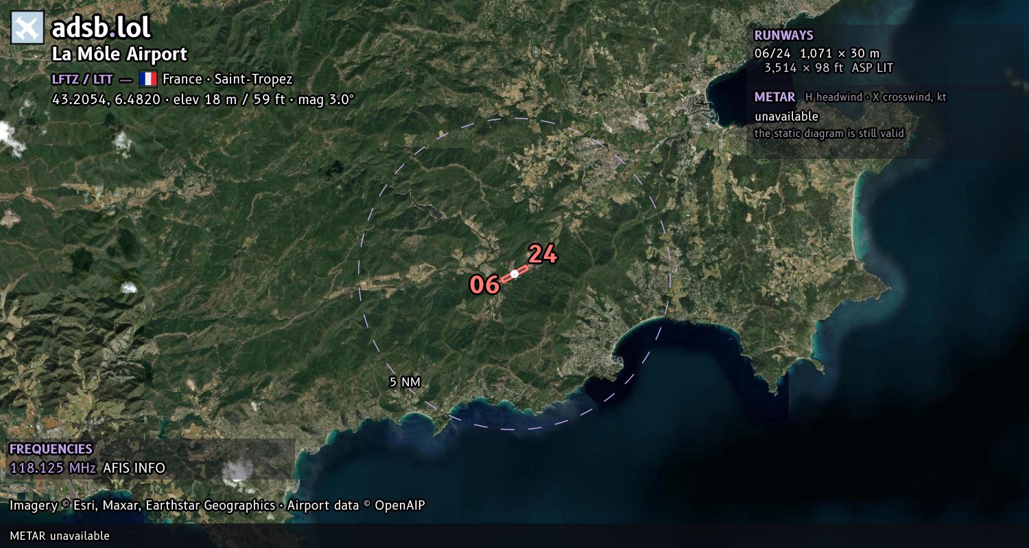 Satellite map with the runway layout of La Môle Airport (LFTZ)