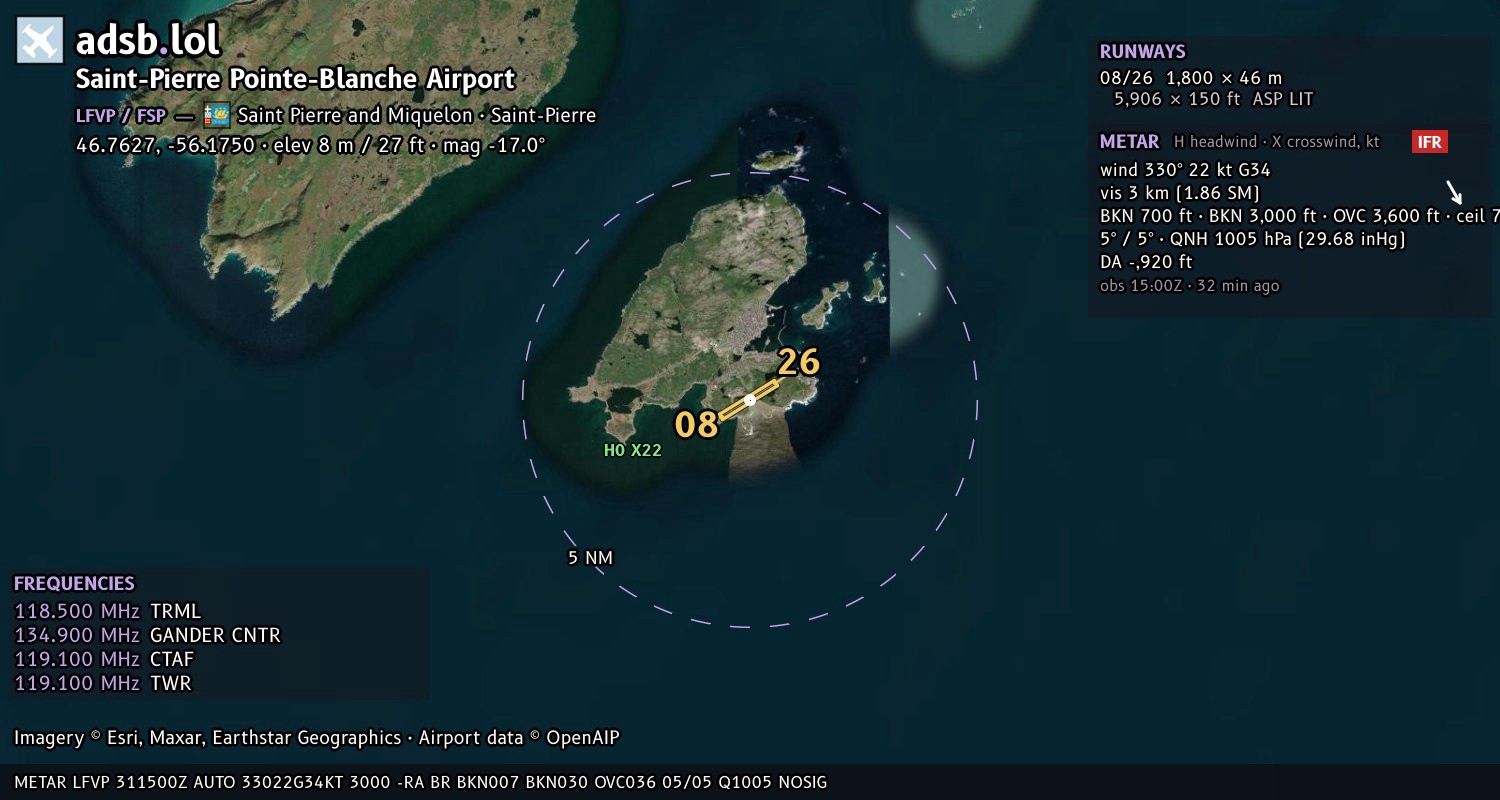 Satellite map with the runway layout of Saint-Pierre Pointe-Blanche Airport (LFVP)
