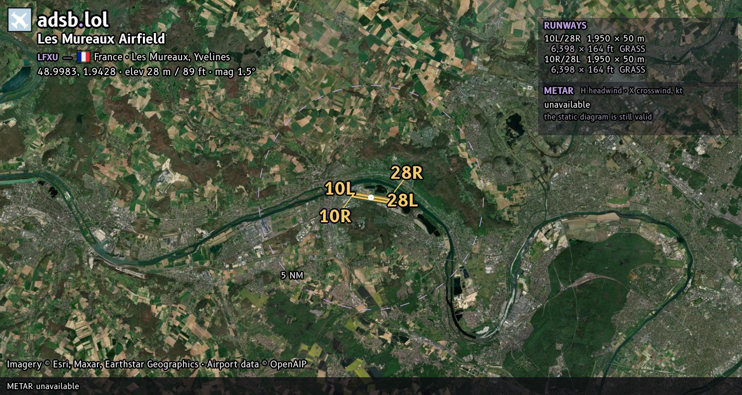 Satellite map with the runway layout of Les Mureaux Airfield (LFXU)