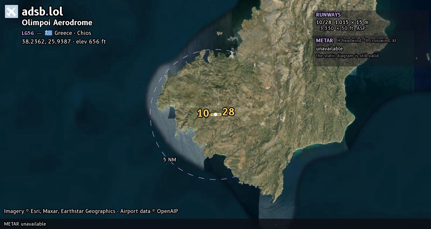 Satellite map with the runway layout of Olimpoi Aerodrome (LG56)