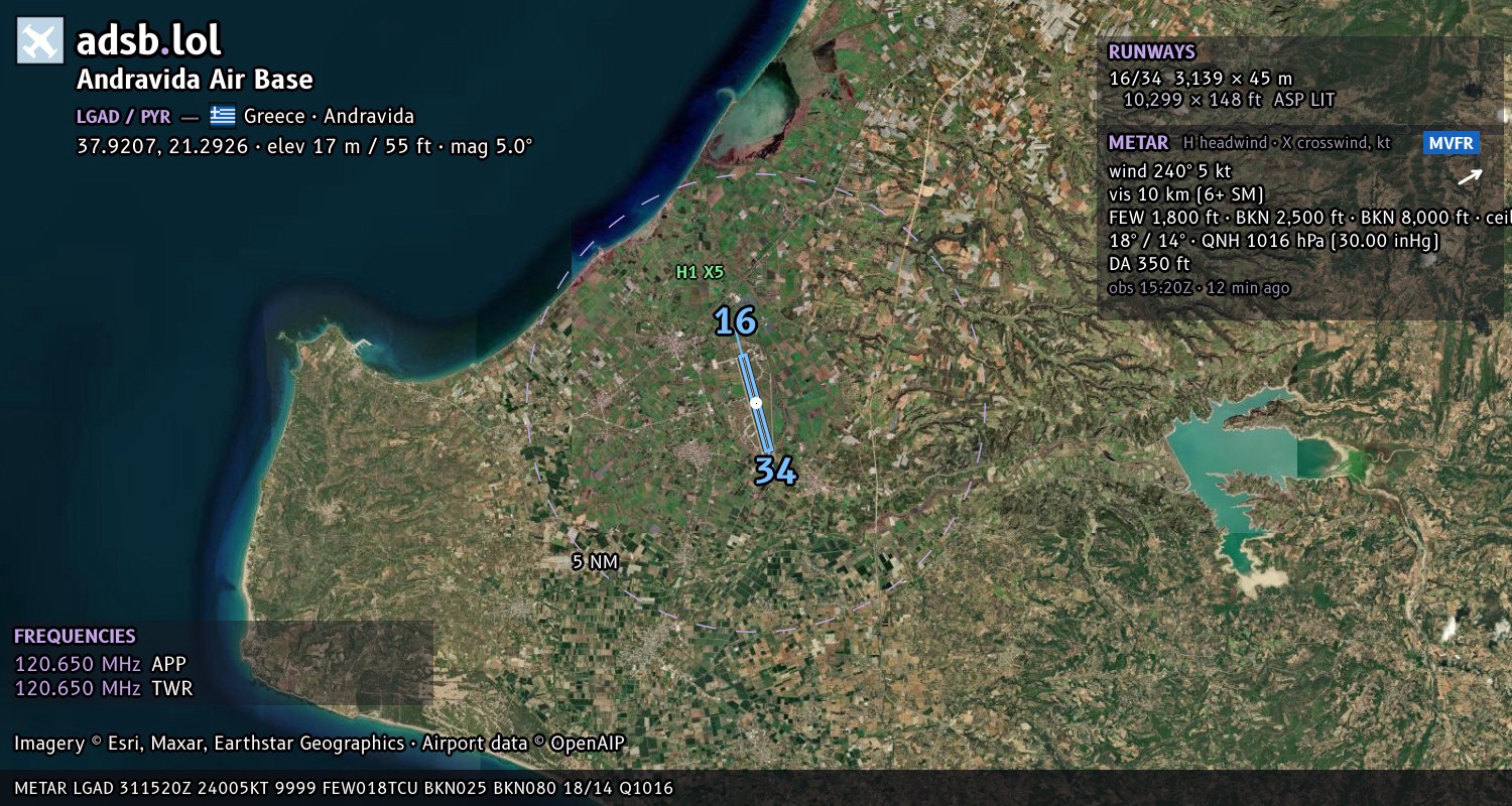 Satellite map with the runway layout of Andravida Air Base (LGAD)