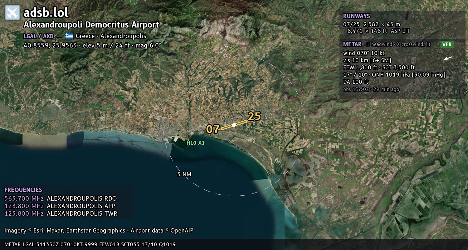 Satellite map with the runway layout of Alexandroupoli Democritus Airport (LGAL)