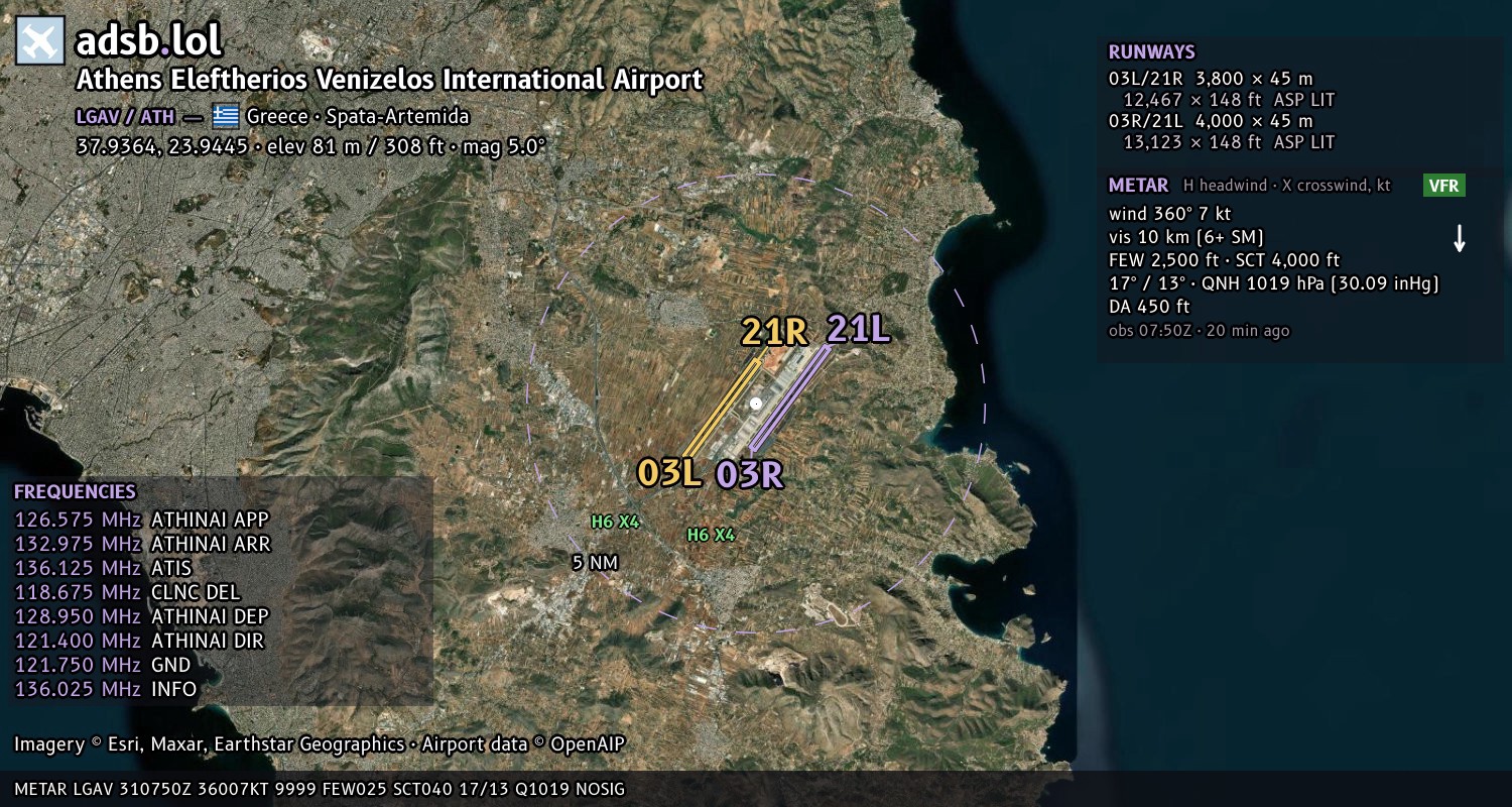 Satellite map with the runway layout of Athens Eleftherios Venizelos International Airport (LGAV)