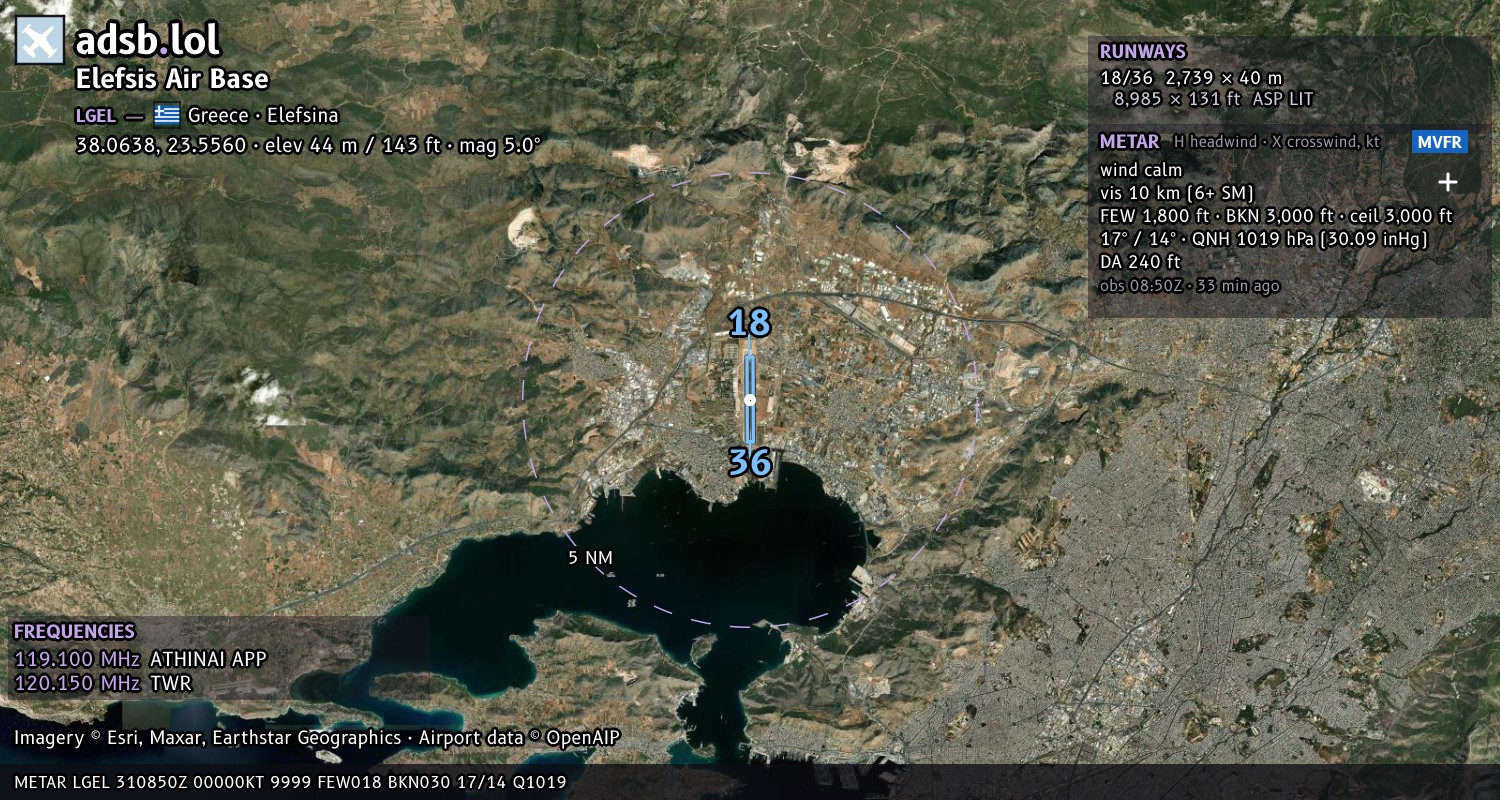 Satellite map with the runway layout of Elefsis Air Base (LGEL)
