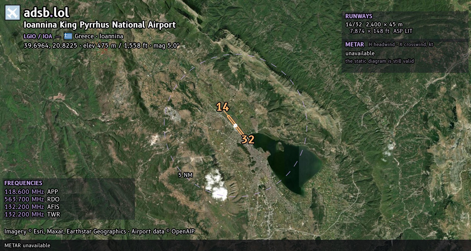 Satellite map with the runway layout of Ioannina King Pyrrhus National Airport (LGIO)
