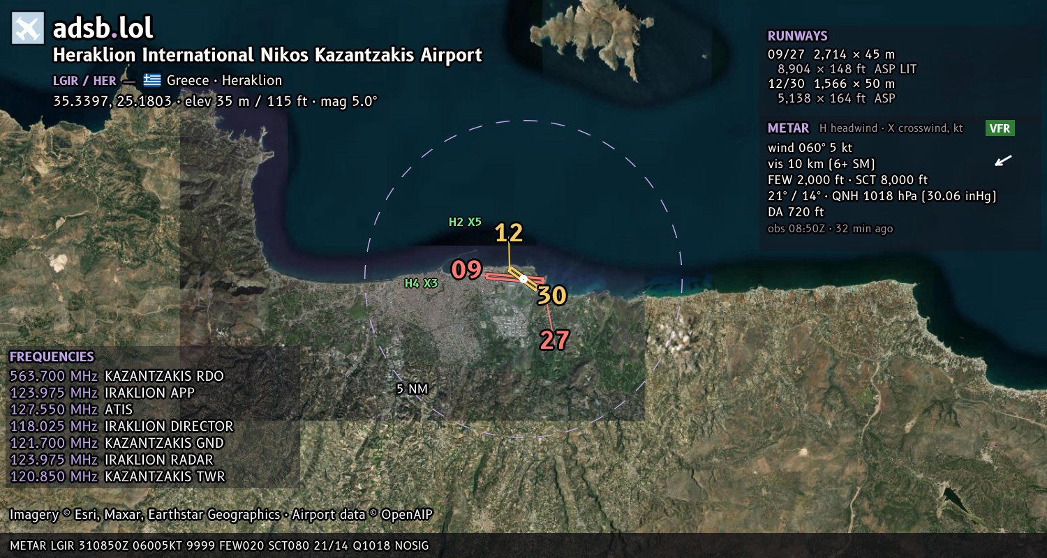 Satellite map with the runway layout of Heraklion International Nikos Kazantzakis Airport (LGIR)