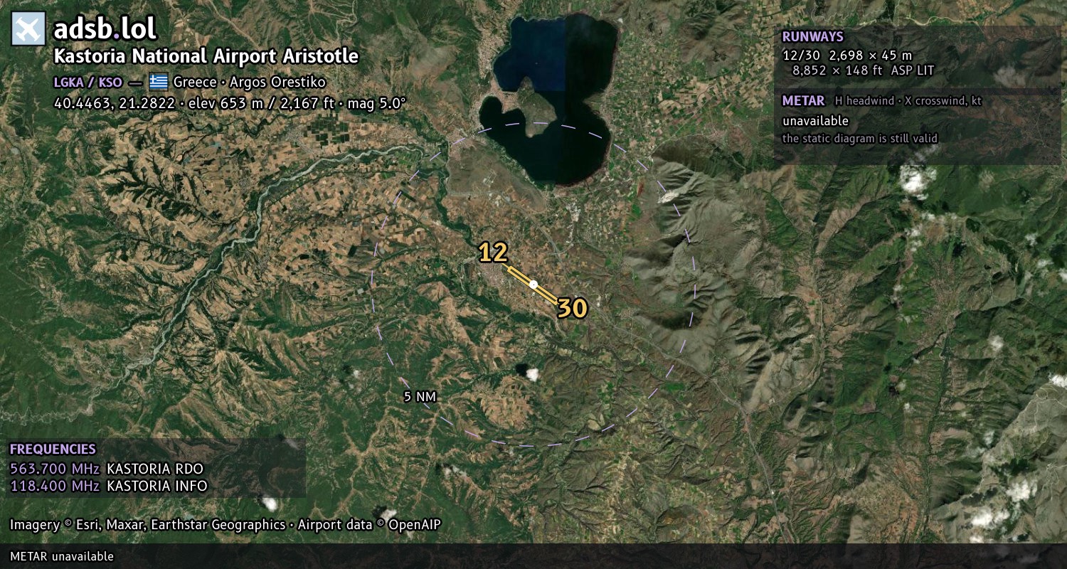 Satellite map with the runway layout of Kastoria National Airport Aristotle (LGKA)