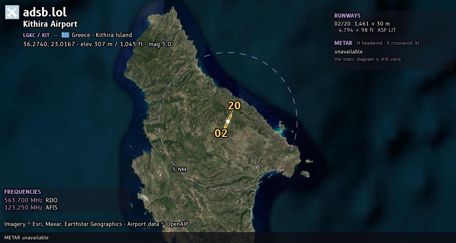 Satellite map with the runway layout of Kithira Airport (LGKC)