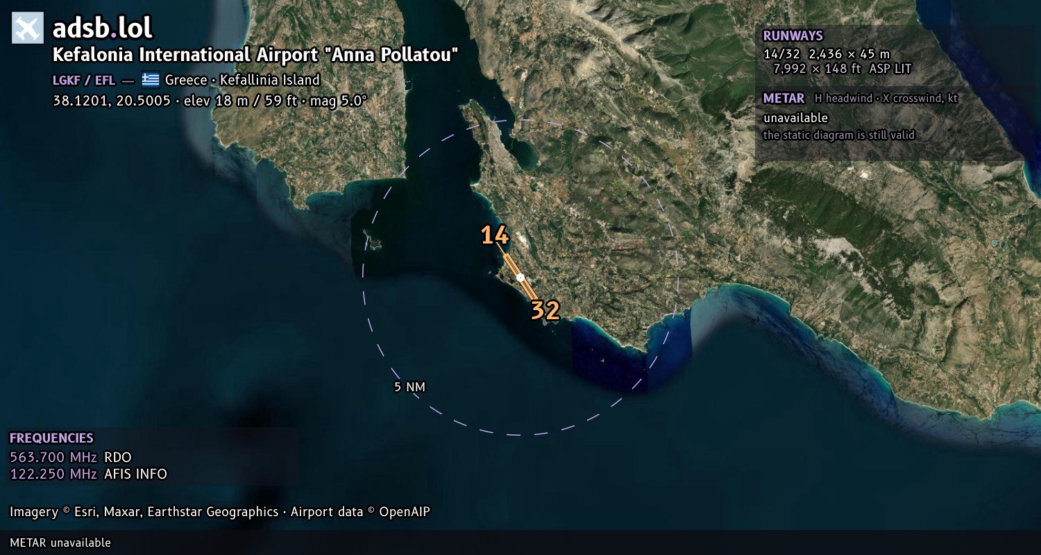 Satellite map with the runway layout of Kefalonia International Airport "Anna Pollatou" (LGKF)