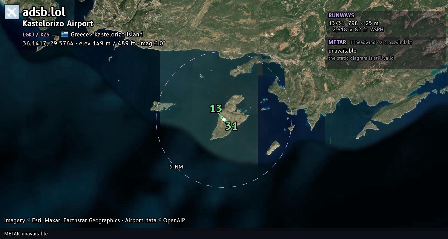Satellite map with the runway layout of Kastelorizo Airport (LGKJ)
