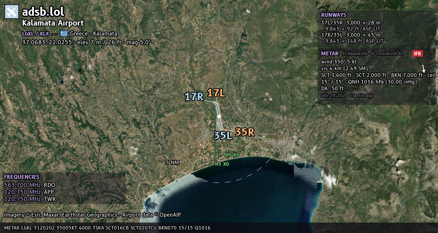 Satellite map with the runway layout of Kalamata Airport (LGKL)