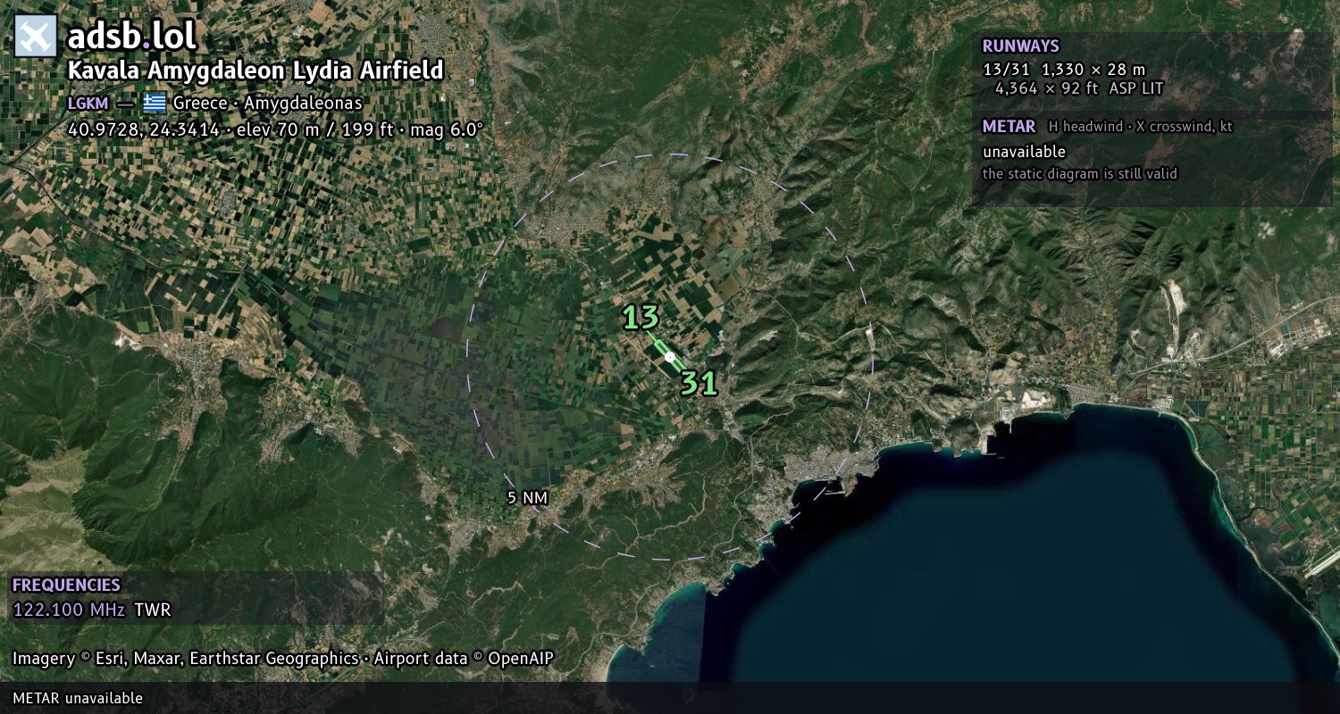 Satellite map with the runway layout of Kavala Amygdaleon Lydia Airfield (LGKM)
