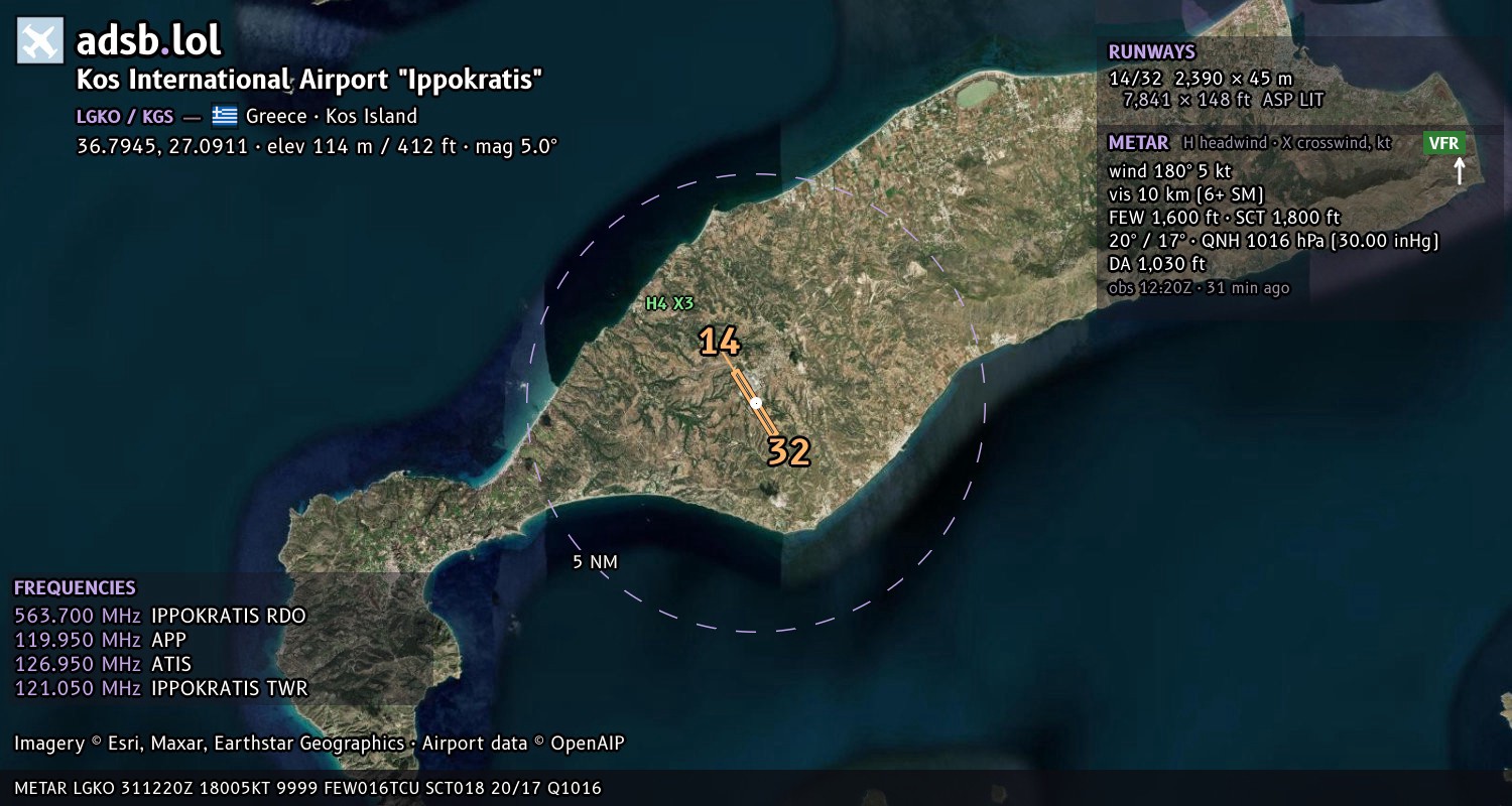 Satellite map with the runway layout of Kos International Airport "Ippokratis" (LGKO)