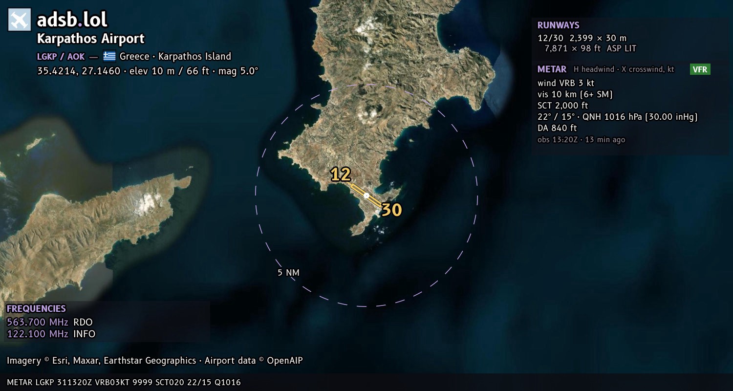 Satellite map with the runway layout of Karpathos Airport (LGKP)