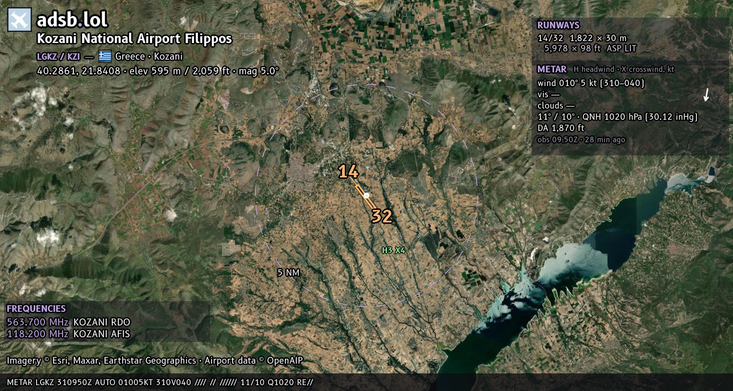 Satellite map with the runway layout of Kozani National Airport Filippos (LGKZ)
