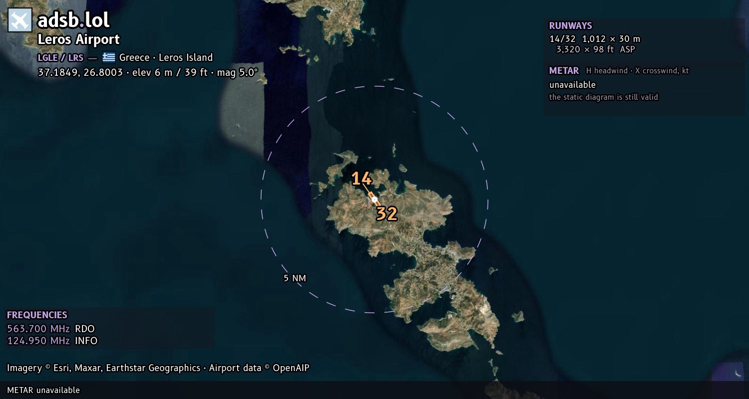 Satellite map with the runway layout of Leros Airport (LGLE)