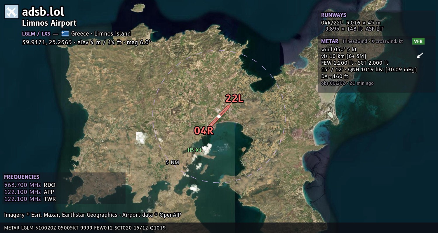 Satellite map with the runway layout of Limnos Airport (LGLM)