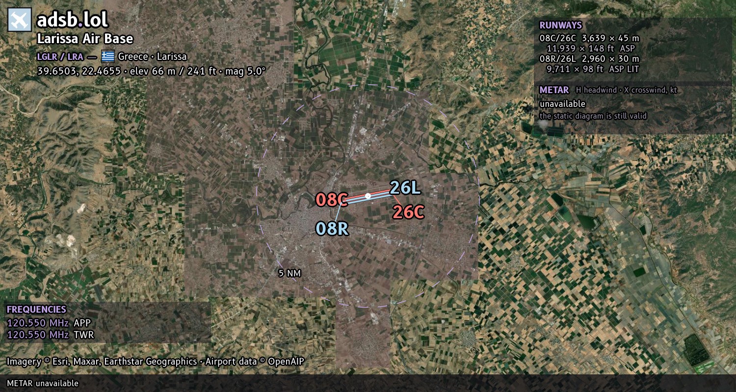 Satellite map with the runway layout of Larissa Air Base (LGLR)