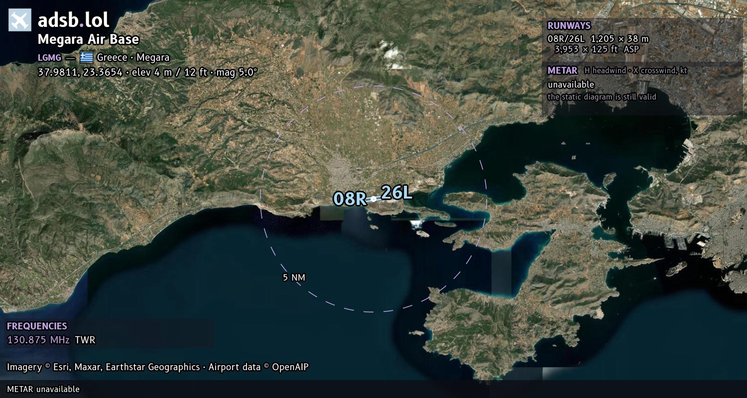 Satellite map with the runway layout of Megara Air Base (LGMG)