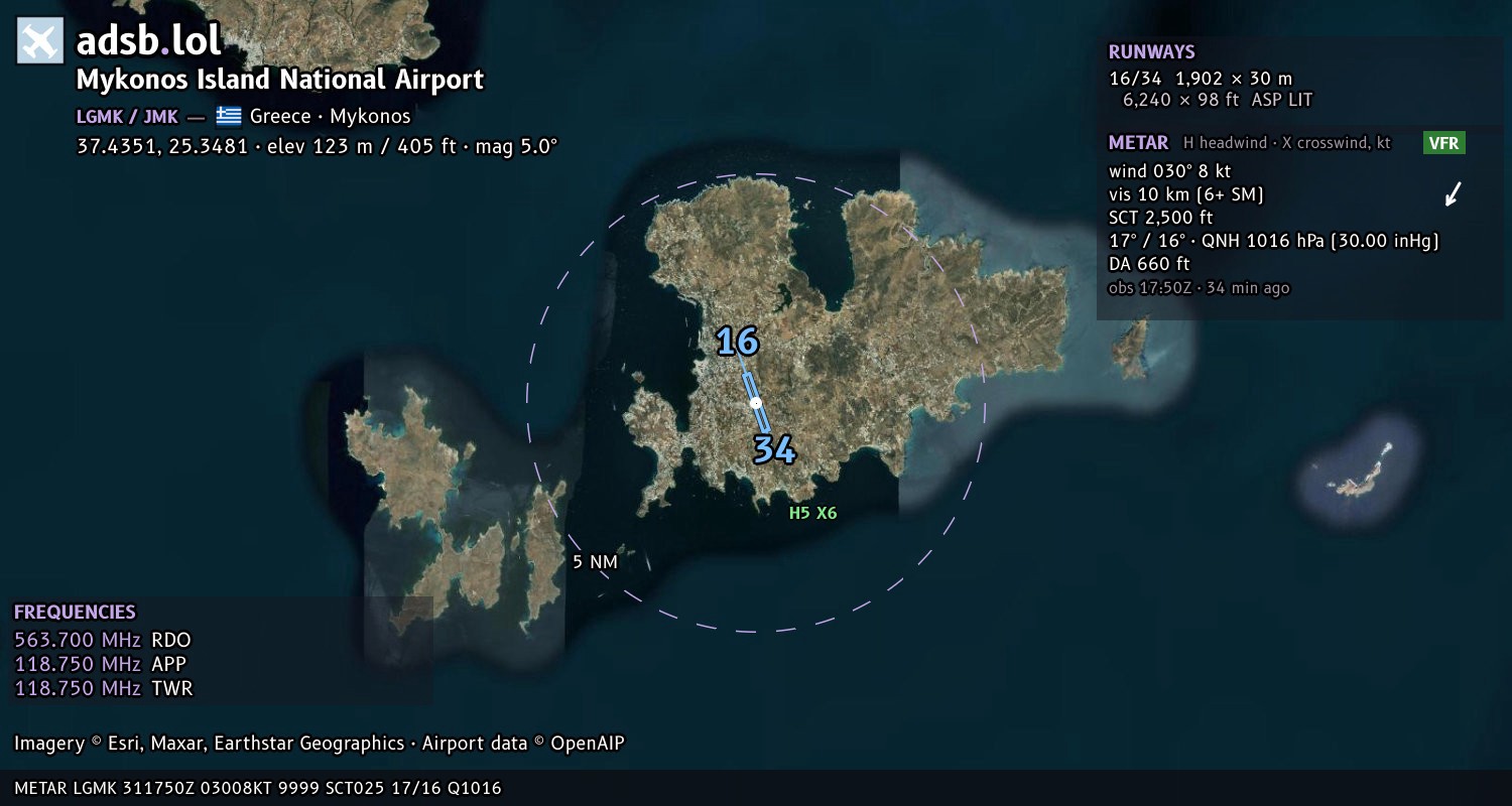 Satellite map with the runway layout of Mykonos Island National Airport (LGMK)
