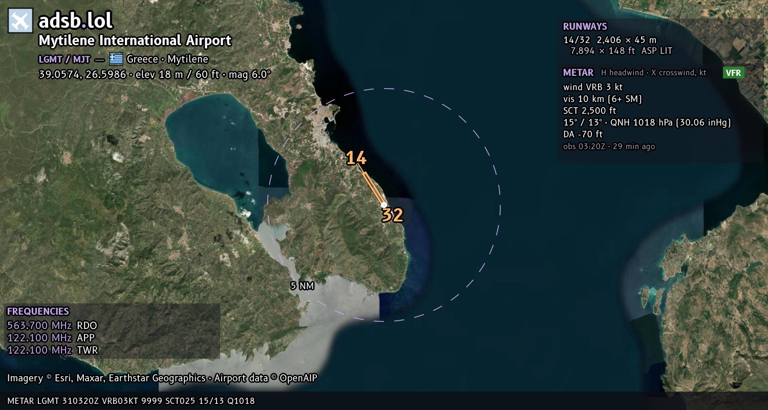 Satellite map with the runway layout of Mytilene International Airport (LGMT)