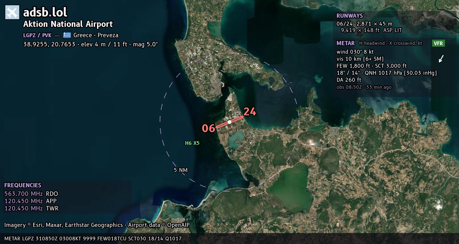 Satellite map with the runway layout of Aktion National Airport (LGPZ)