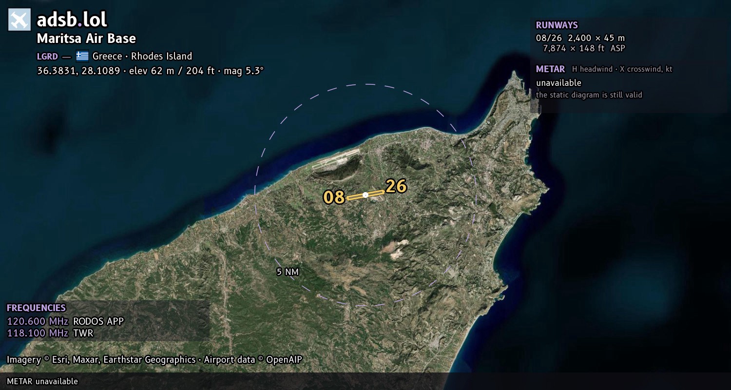 Satellite map with the runway layout of Maritsa Air Base (LGRD)