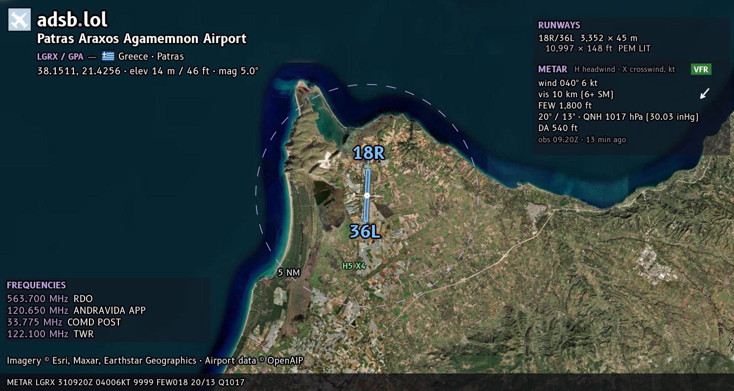 Satellite map with the runway layout of Patras Araxos Agamemnon Airport (LGRX)