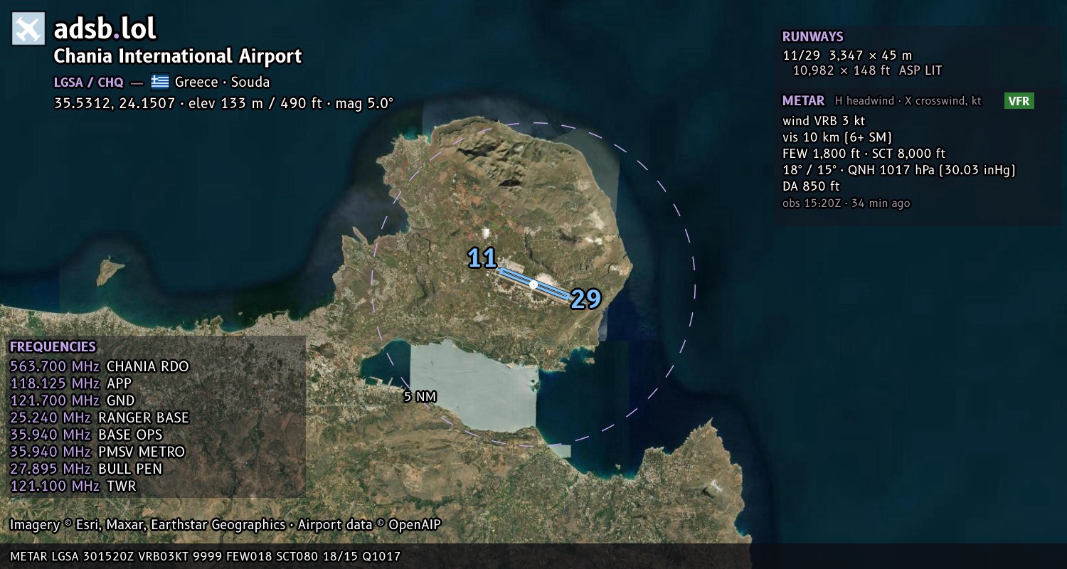 Satellite map with the runway layout of Chania International Airport (LGSA)