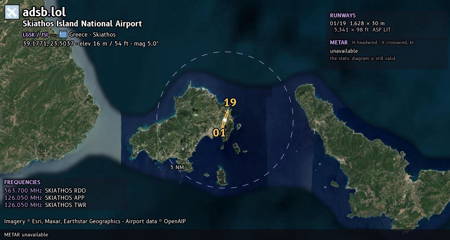 Satellite map with the runway layout of Skiathos Island National Airport (LGSK)