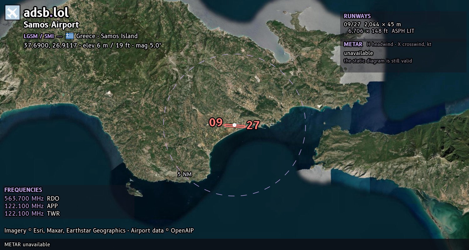Satellite map with the runway layout of Samos Airport (LGSM)