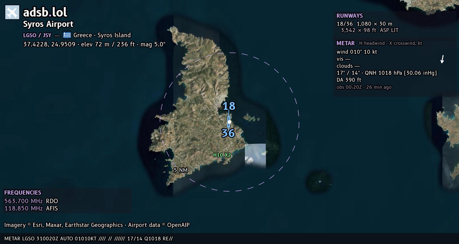 Satellite map with the runway layout of Syros Airport (LGSO)
