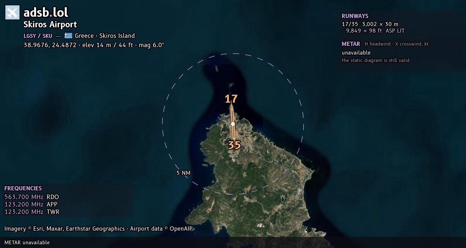 Satellite map with the runway layout of Skiros Airport (LGSY)