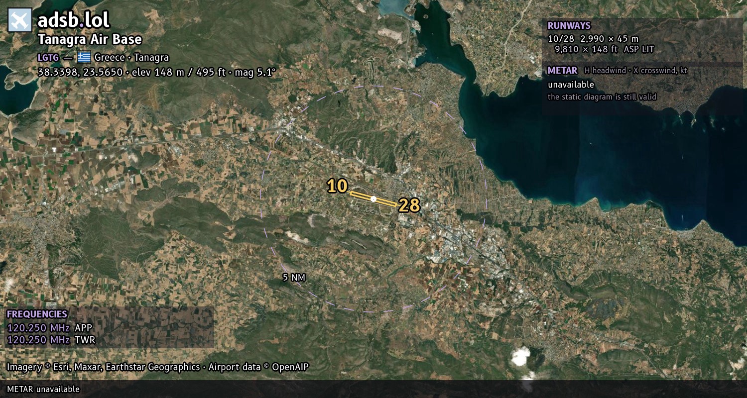 Satellite map with the runway layout of Tanagra Air Base (LGTG)