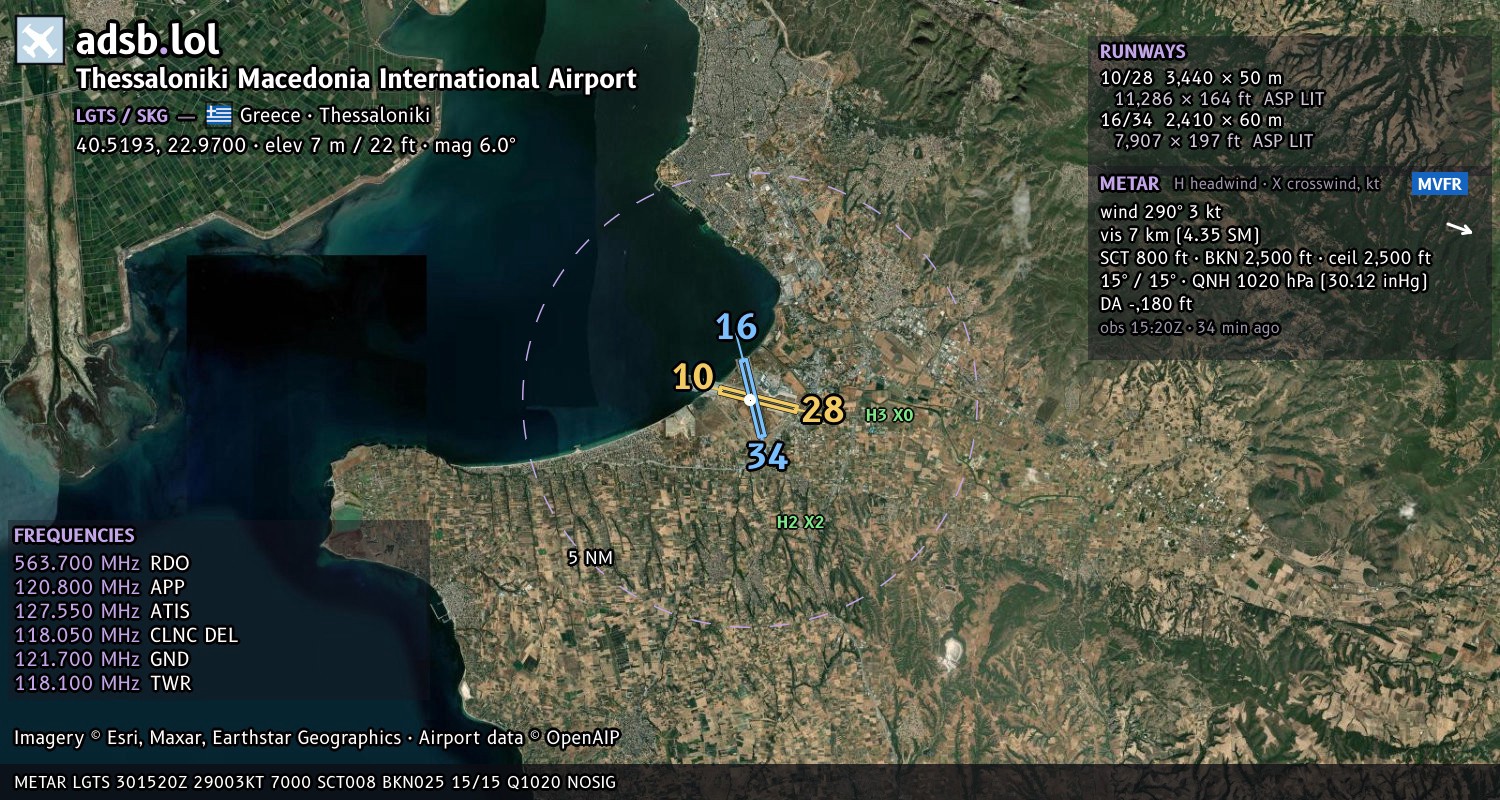 Satellite map with the runway layout of Thessaloniki Macedonia International Airport (LGTS)