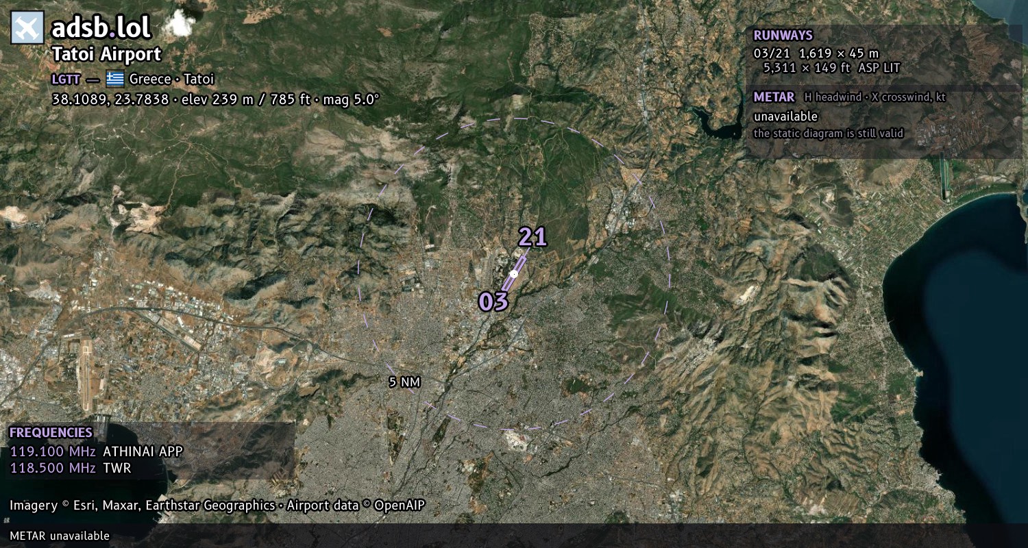 Satellite map with the runway layout of Tatoi Airport (LGTT)