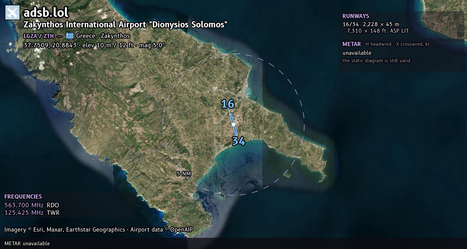 Satellite map with the runway layout of Zakynthos International Airport "Dionysios Solomos" (LGZA)