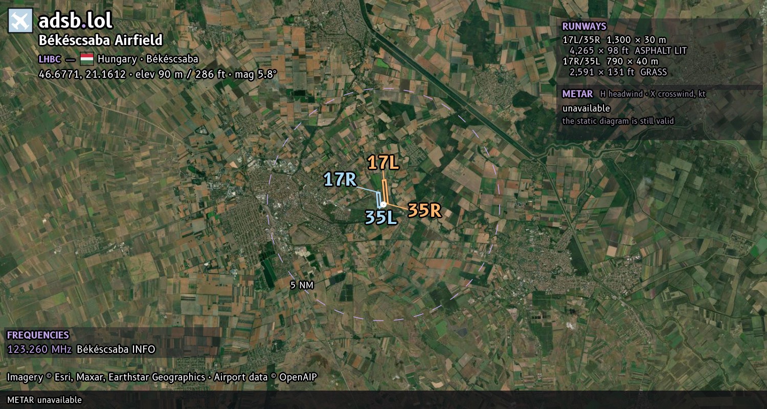 Satellite map with the runway layout of Békéscsaba Airfield (LHBC)