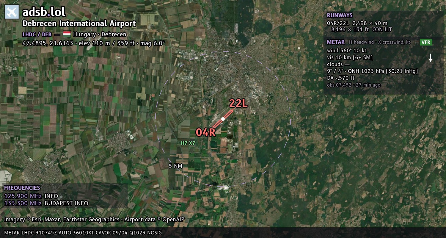 Satellite map with the runway layout of Debrecen International Airport (LHDC)