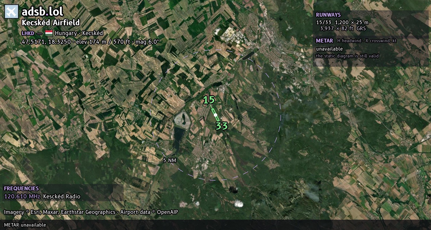 Satellite map with the runway layout of Kecskéd Airfield (LHKD)