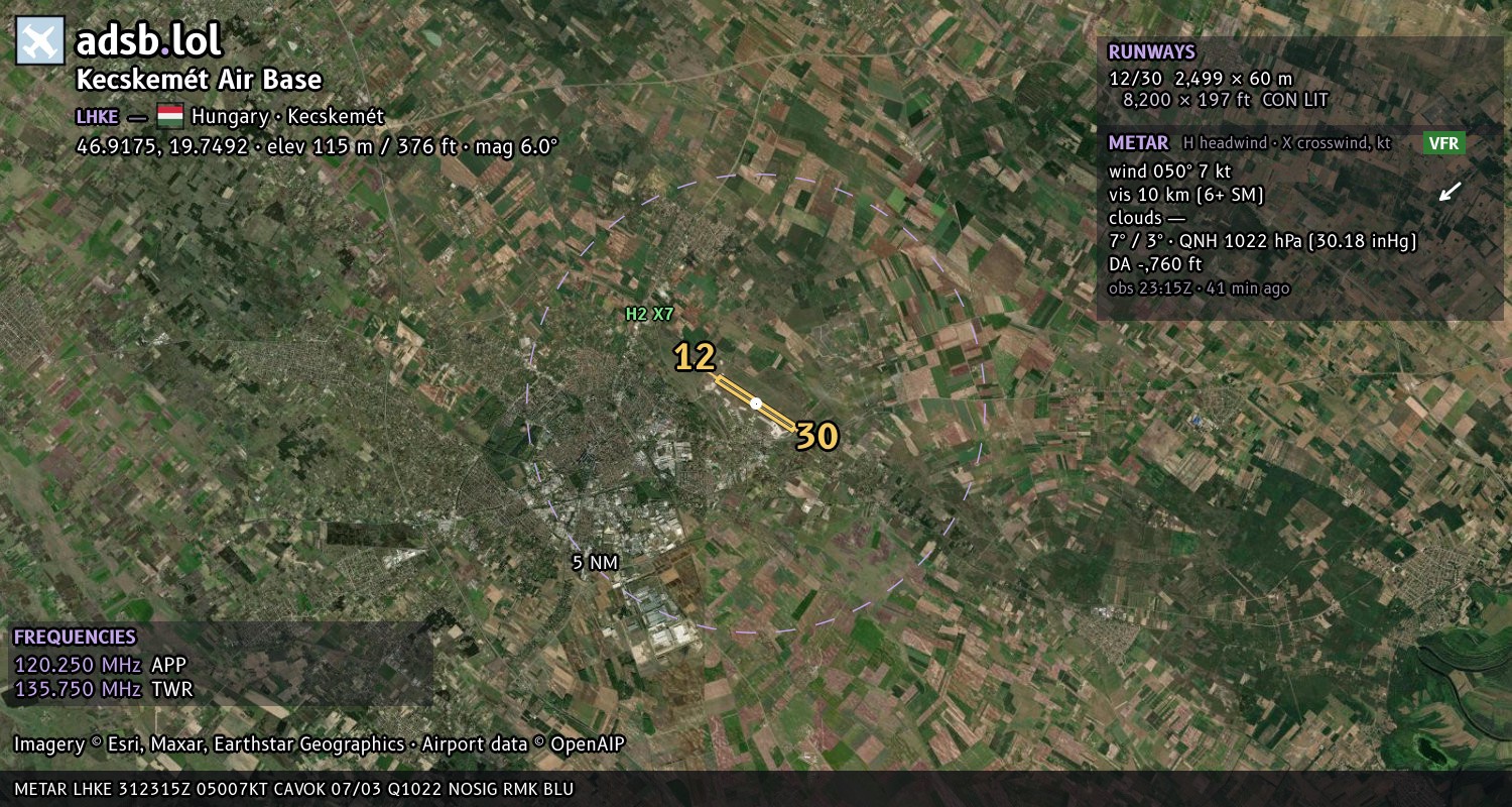 Satellite map with the runway layout of Kecskemét Air Base (LHKE)