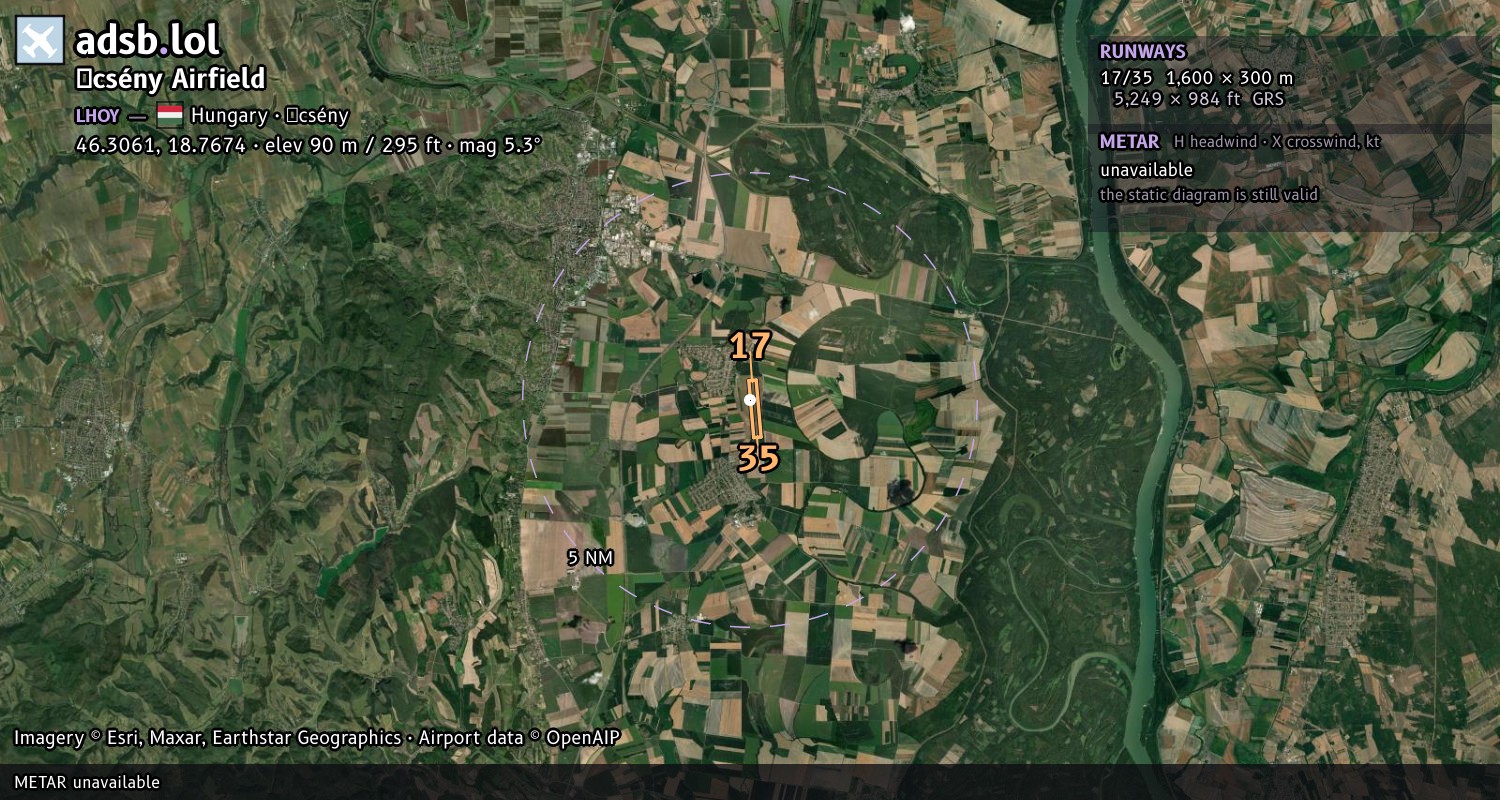 Satellite map with the runway layout of Őcsény Airfield (LHOY)
