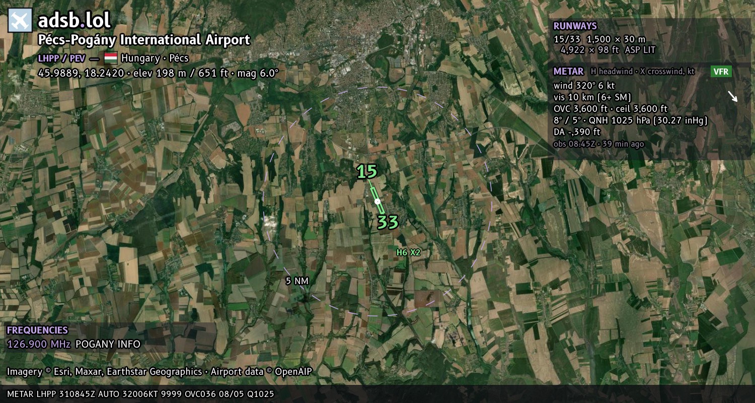 Satellite map with the runway layout of Pécs-Pogány International Airport (LHPP)