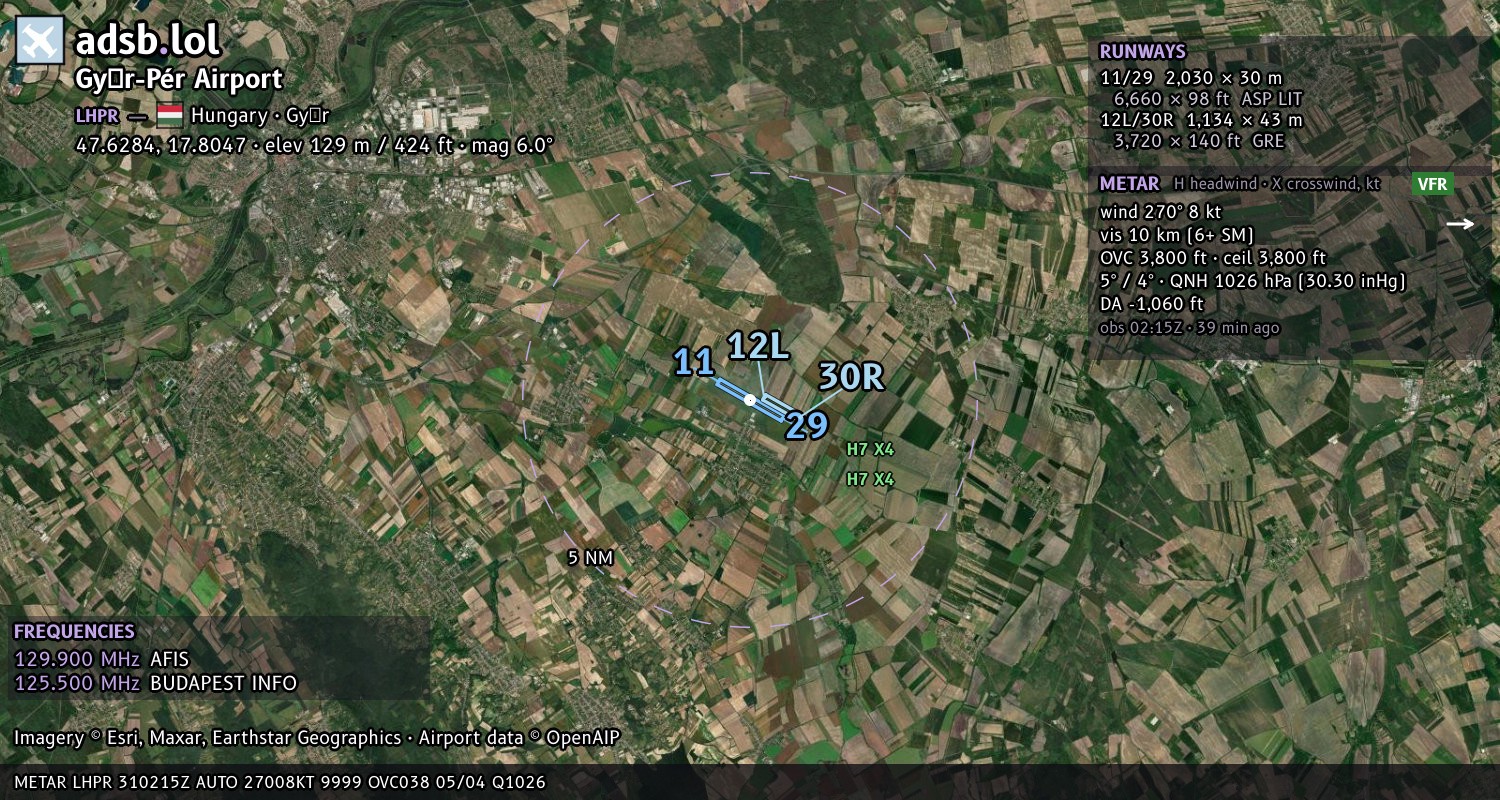 Satellite map with the runway layout of Győr-Pér Airport (LHPR)