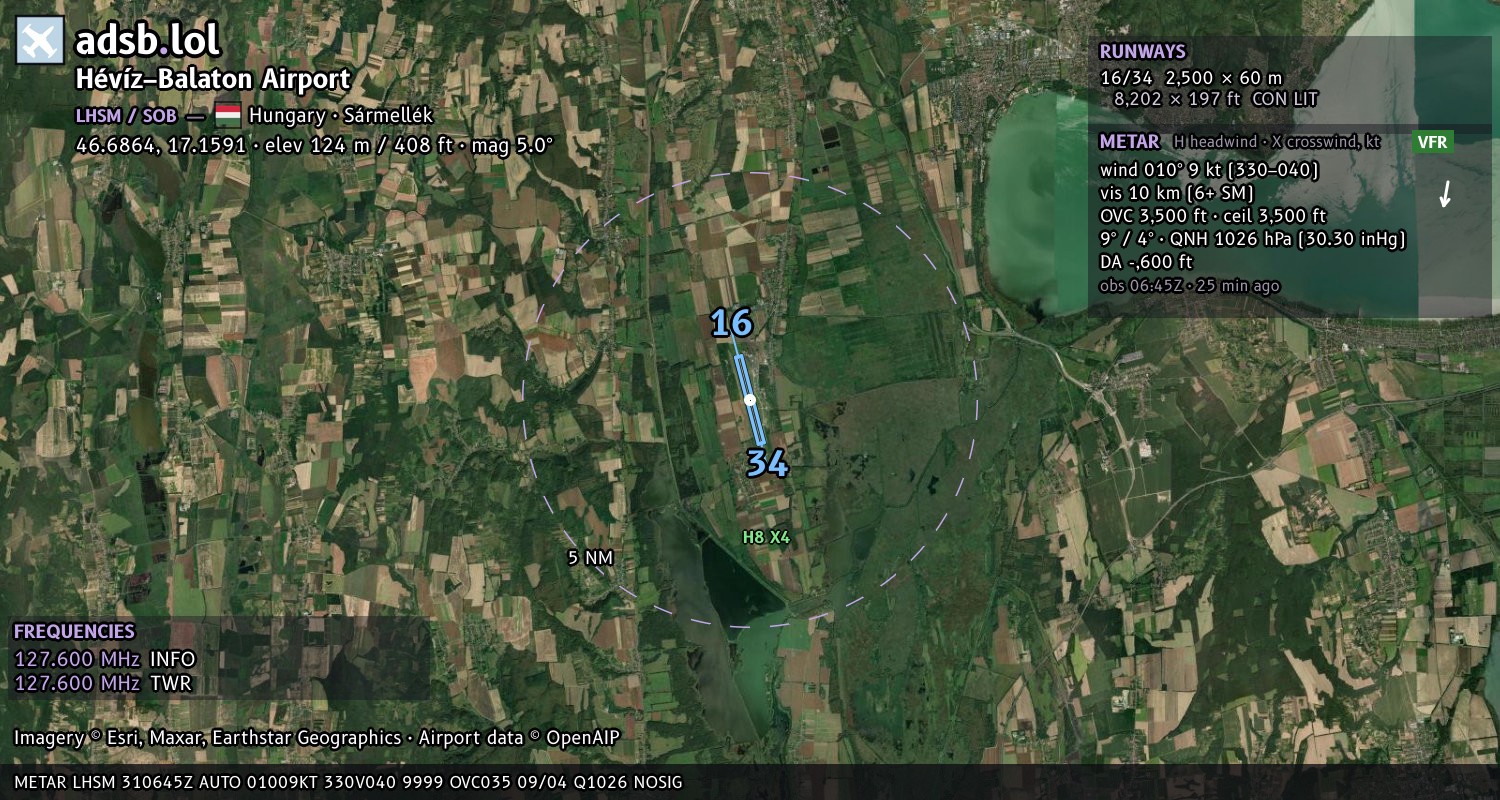 Satellite map with the runway layout of Hévíz–Balaton Airport (LHSM)