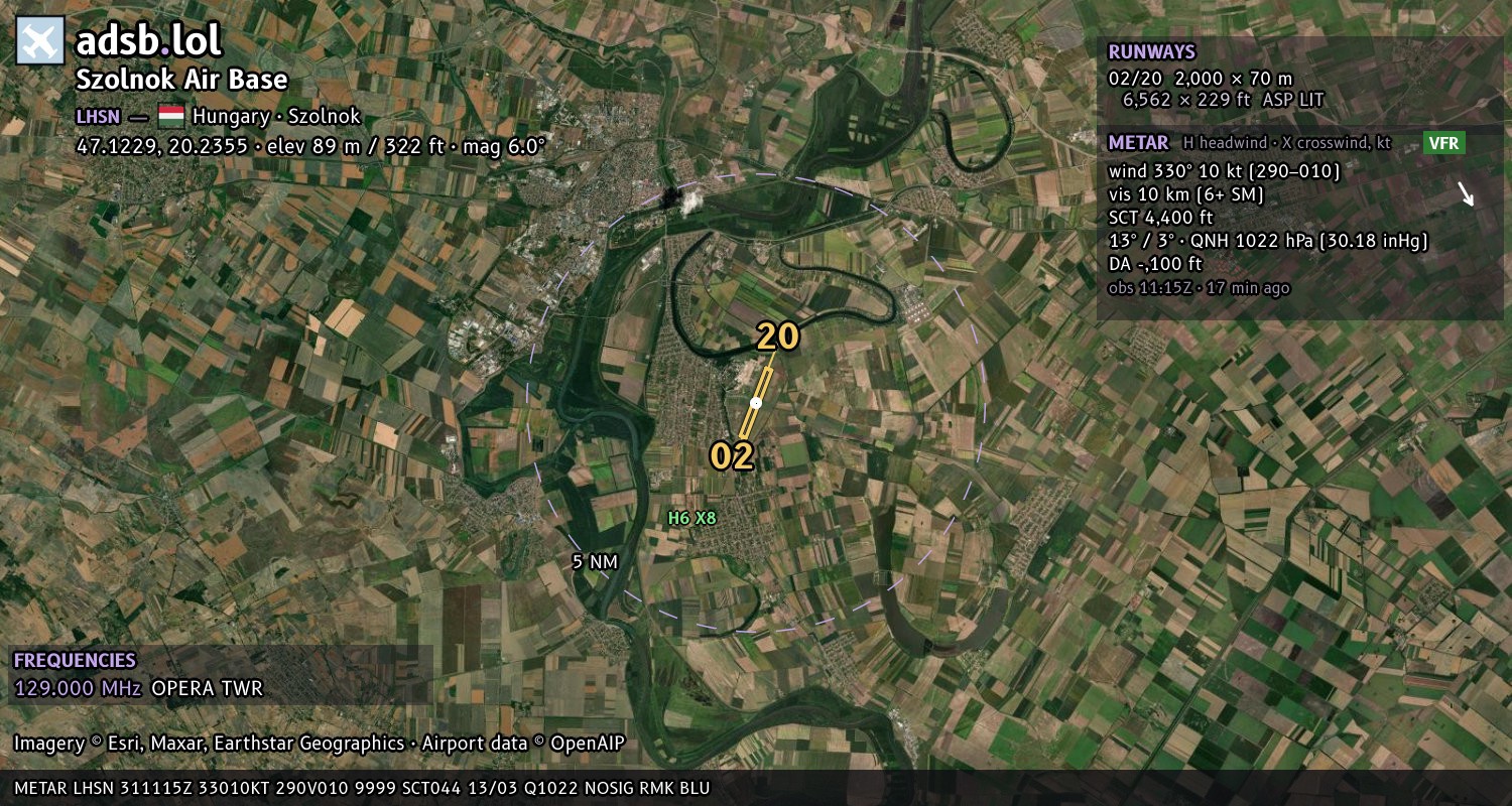 Satellite map with the runway layout of Szolnok Air Base (LHSN)
