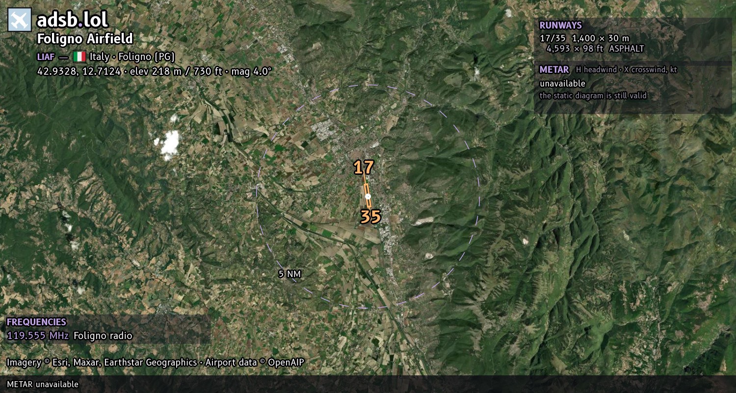 Satellite map with the runway layout of Foligno Airfield (LIAF)