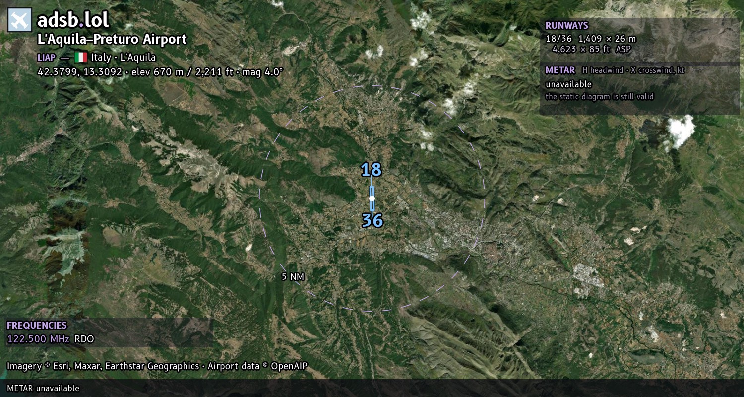 Satellite map with the runway layout of L'Aquila–Preturo Airport (LIAP)